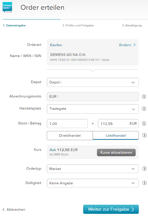 Market Order (Marktauftrag) erklärt - Definition und Beispiele (2025) Zu sehen ist die Ordermaske zur Eingabe einer Market Order bei der Consorsbank.