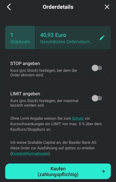 Market Order (Marktauftrag) erklärt - Definition und Beispiele (2025) Eine Abbildung der Ordermaske zur Aufgabe einer unlimitierten Order (Market Order) in der Scalable App ist zu sehen.