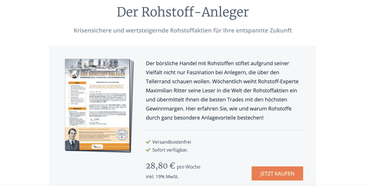GeVestor Verlag Erfahrungen (2025)– Lohnen sich die Produkte? Das Bild zeigt den Börsenbrief Rohstoff-anleger von Maximillian Rittter