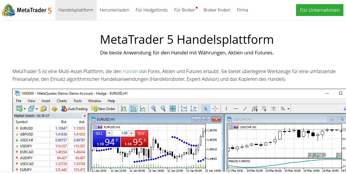 MetaTrader: Die Handelsplattform für Forex und CFDs (2025) Der Screenshot zeigt einen Screenshot von der MetaTrader 5 Handelsplattform.