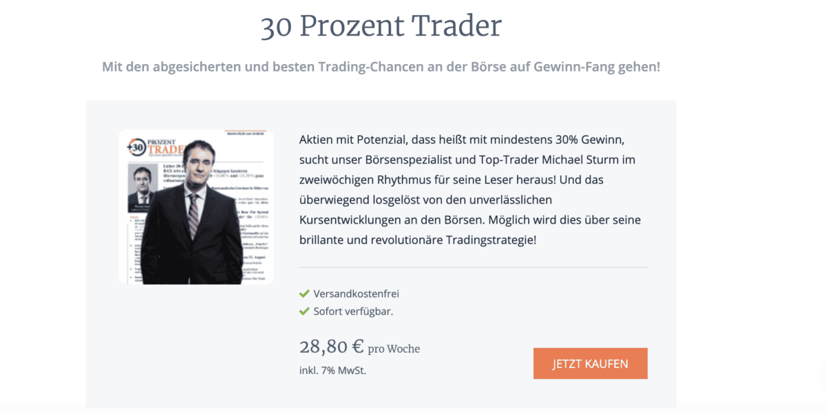 GeVestor Verlag Erfahrungen (2025)– Lohnen sich die Produkte? das BIld zeigt den 30 Prozent Trader von Michael Sturm.
