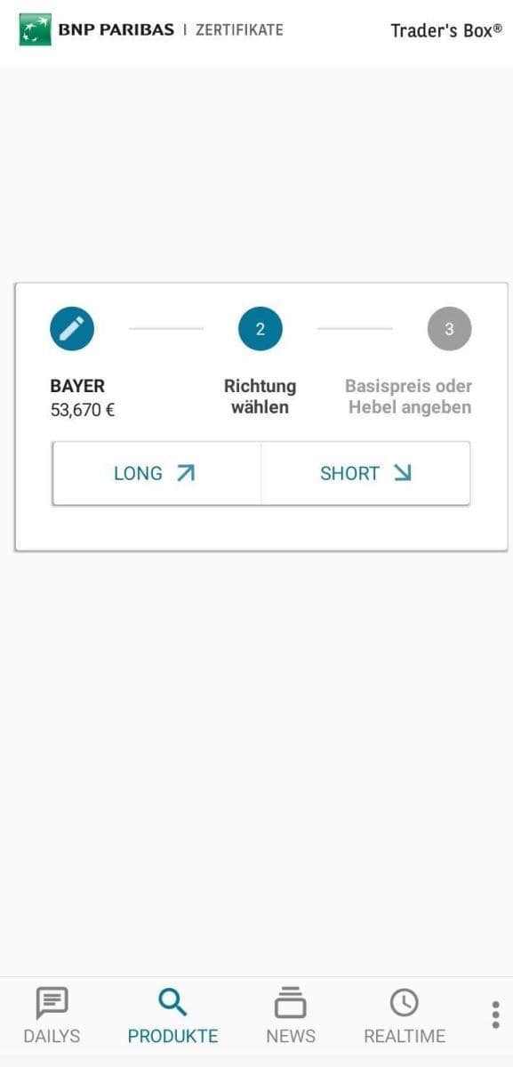 Optionsscheine suchen und finden – so geht man vor. Der ultimative Guide. Optionscheinfinder App BNP Paribas Ansicht der Eingabe der Anlagerichtung