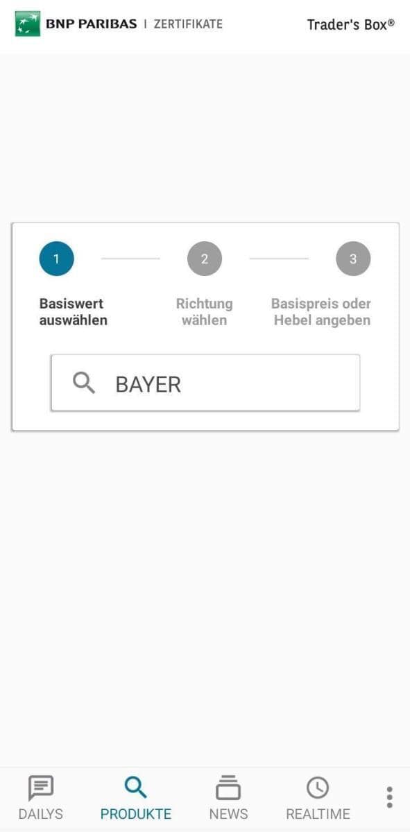 Optionsscheine suchen und finden – so geht man vor. Der ultimative Guide. Optionsscheinfinder App BNP Paribas Ansicht der Basiswerteingabe