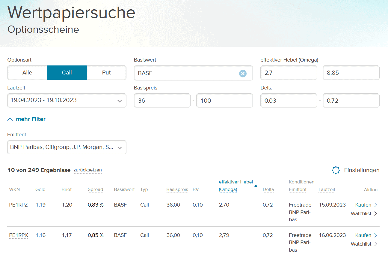 Optionsscheine suchen und finden – so geht man vor. Der ultimative Guide. Optionsscheinfinder Consorsbank Anzeige der Ergebnisliste