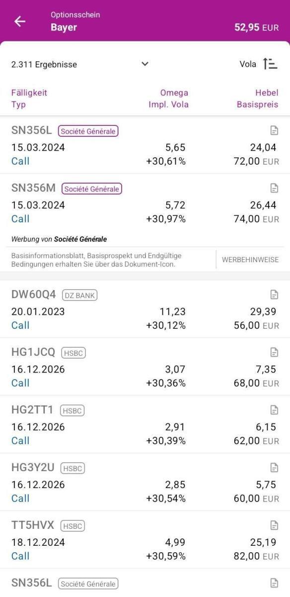 Optionsscheine suchen und finden – so geht man vor. Der ultimative Guide. Optionsscheinfinder von Onvista in der App, Ansicht der Ergebnisliste