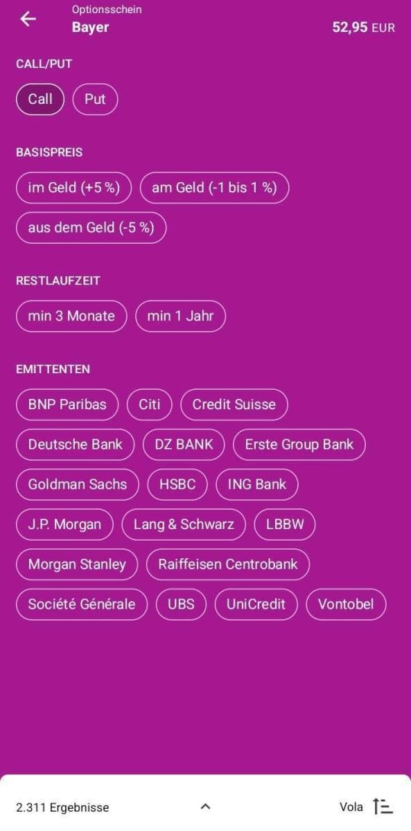 Optionsscheine suchen und finden – so geht man vor. Der ultimative Guide. Optionsscheinfinder Onvista App, Ansicht Detailauswahl