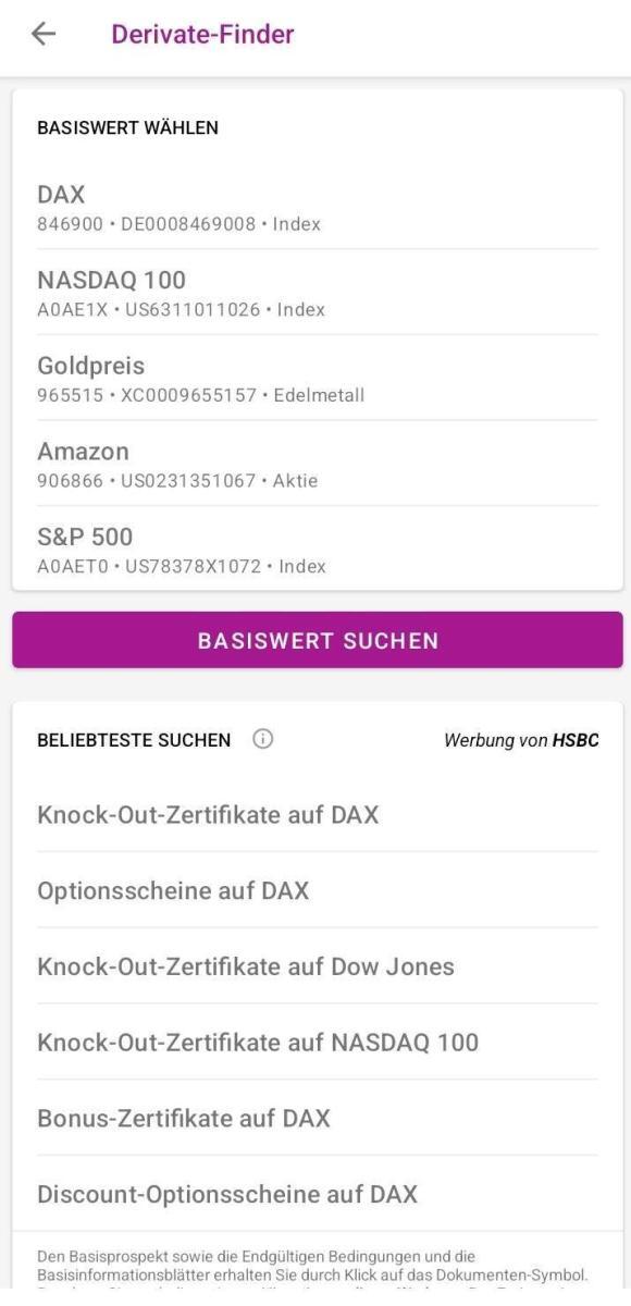 Optionsscheine suchen und finden – so geht man vor. Der ultimative Guide. Optionsscheinfinder der Onvista App Auswahl Basiswert