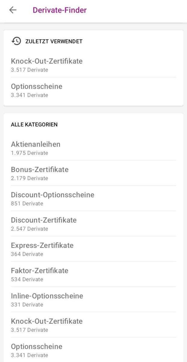 Optionsscheine suchen und finden – so geht man vor. Der ultimative Guide. Optionsscheinfinder Onvista App Kategorieauswahl der Optionsscheine