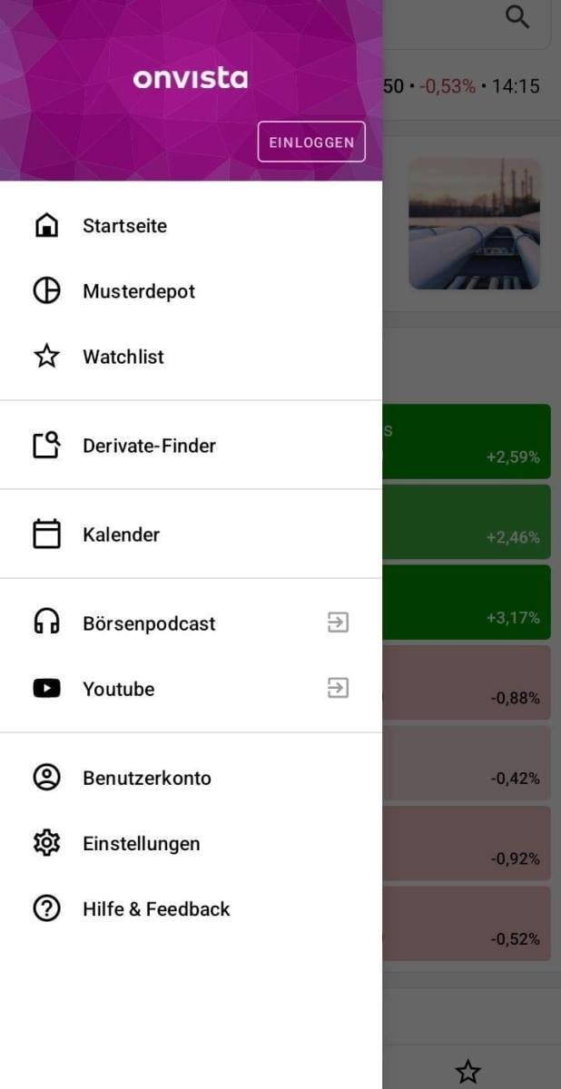 Optionsscheine suchen und finden – so geht man vor. Der ultimative Guide. Optionsscheinfinder Onvista App, Auswahlmenü auf der Startseite