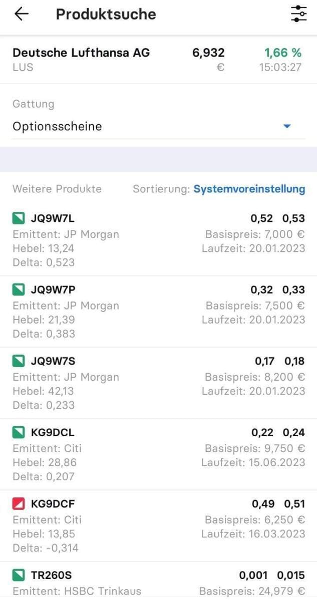 Optionsscheine suchen und finden – so geht man vor. Der ultimative Guide. Optionsscheinfinder Stock 3 App, Anzeige der gefundenen Optionsscheine