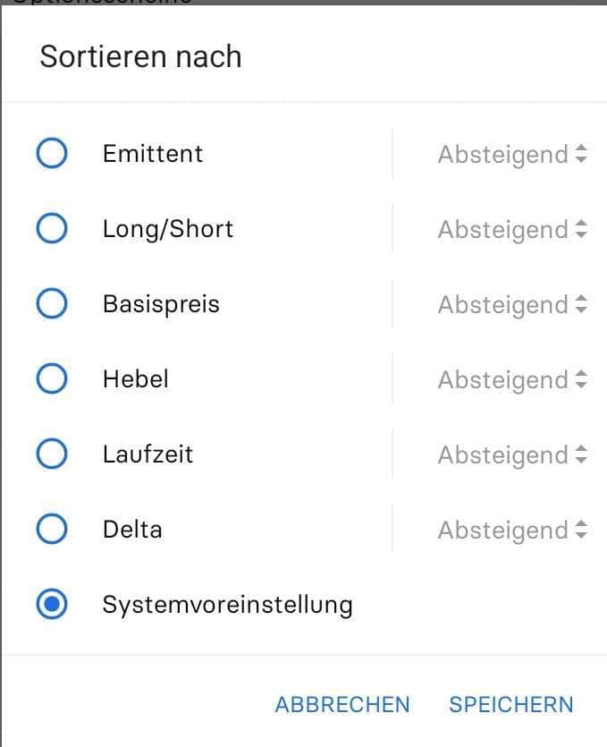 Optionsscheine suchen und finden – so geht man vor. Der ultimative Guide. Optionsscheinfinder Stock 3 App Sortiermöglichkeiten der gefundenen Optionsscheine