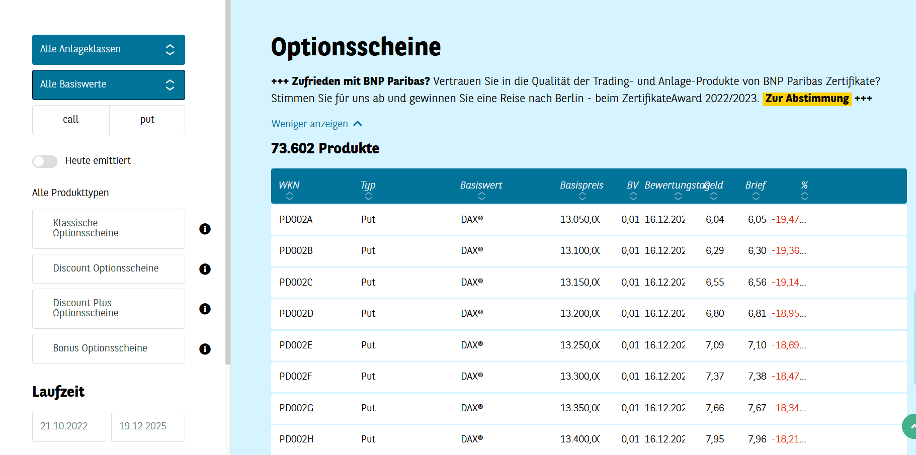 Optionsscheine suchen und finden – so geht man vor. Der ultimative Guide. Ansicht Optionsscheinfinder der BNP Paribas in der Grundauswahl
