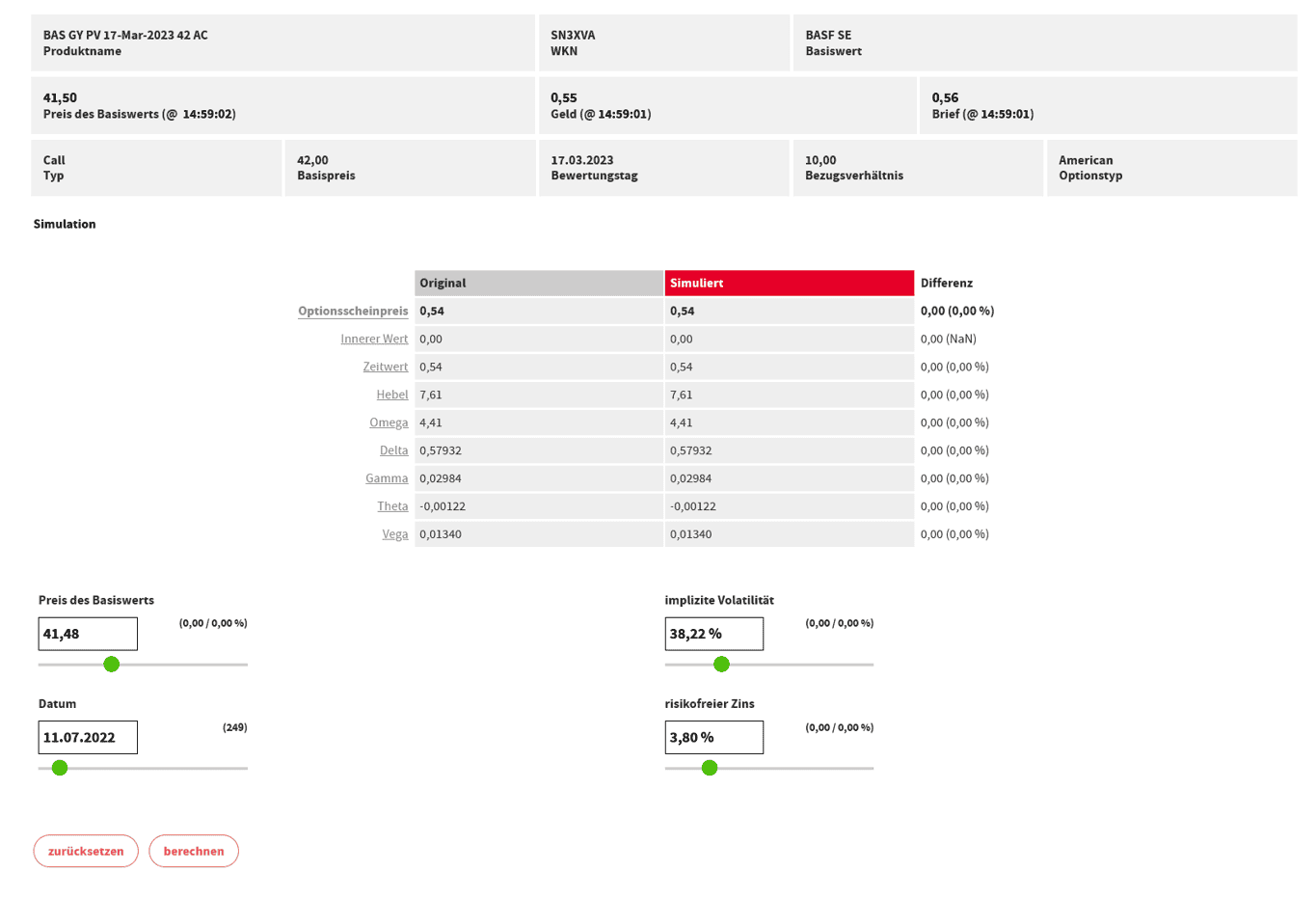 Optionsscheinrechner verstehen & optimal nutzen – der ultimative Guide (2025) Optionsscheinrechner Societe Generale mit "unserem Schein" als Simulationswert