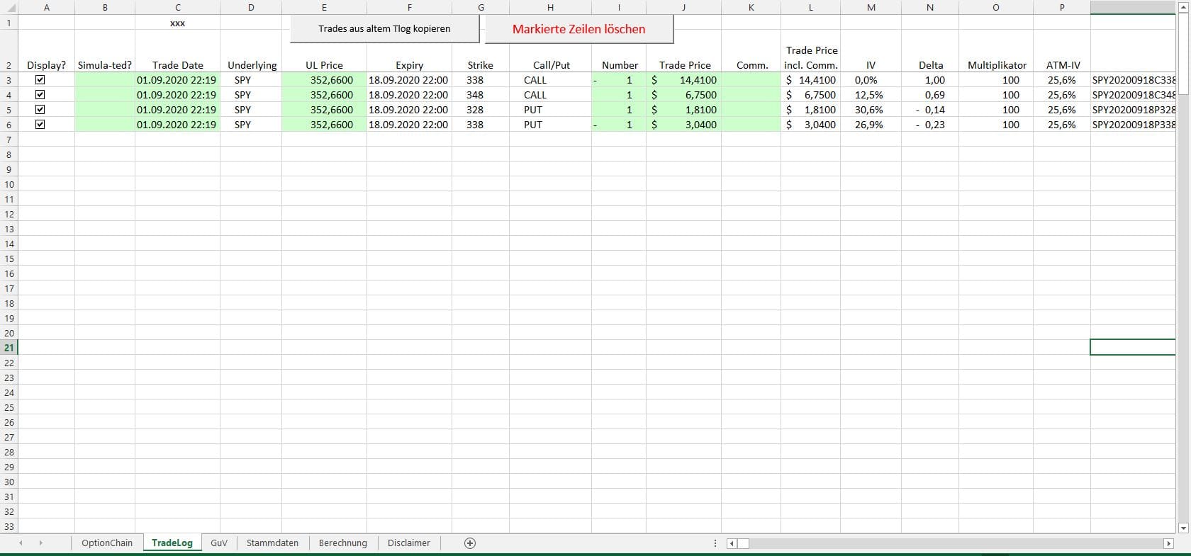 Optionsuniversum - Erfahrung mit der GuV Software (2025) Automatische Eintragung aller Einzeltrades im Tabellenblatt TradeLog