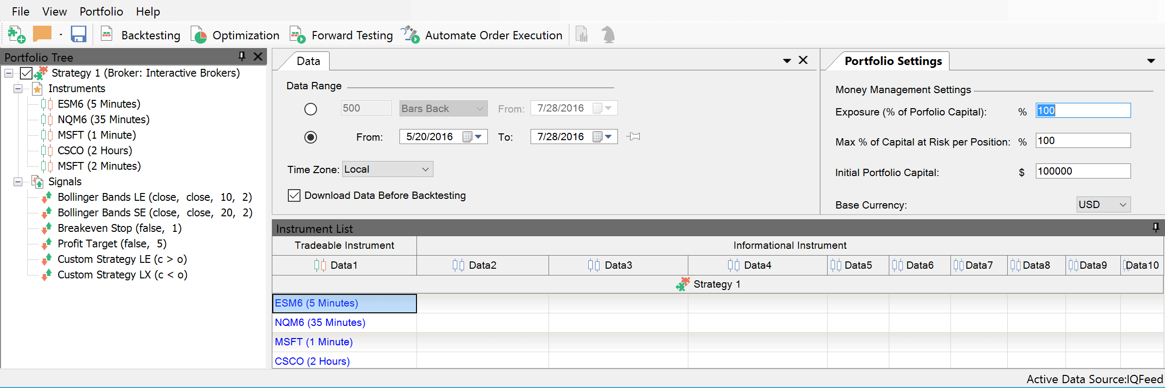 MultiCharts Software - Test und Erfahrungen (2025) Der Portfolio Trader in MultiCharts, welcher ermöglicht verschiedene Portfolios zu handeln und zu backtesten, sowie diese zu optimieren.