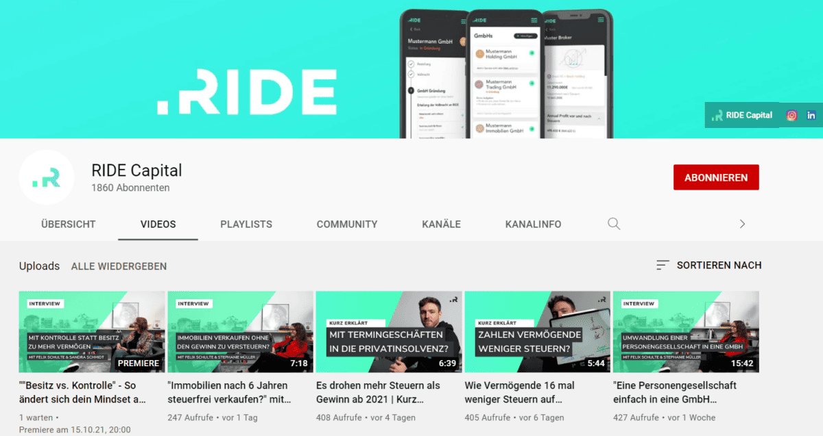 Das Bild zeigt einen Screenshot des YouTube-Kanals von RIDE Capital.