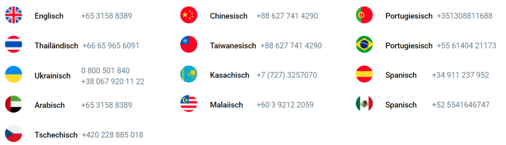 RoboForex Erfahrungen - Seriosität, Kosten, Test (2025) Liste der RoboForex Kundendienst-Telefonnummern für verschiedene Sprachen mit zugehörigen Länderflaggen. Enthalten sind Telefonnummern für Englisch, Thailändisch, Ukrainisch, Arabisch, Tschechisch, Chinesisch, Taiwanesisch, Kasachisch, Malaiisch, Portugiesisch (Portugal und Brasilien) sowie Spanisch (Spanien und Mexiko.