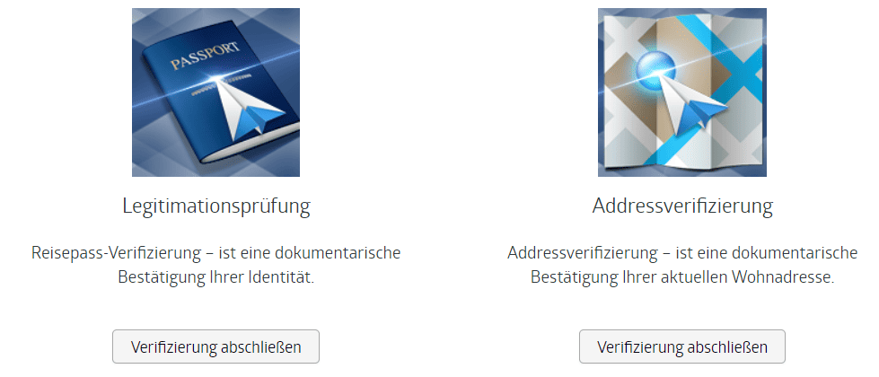 RoboForex Erfahrungen - Seriosität, Kosten, Test (2025) Screenshot der RoboForex Verifizierungsseite mit zwei Verifizierungsoptionen: Legitimation durch Reisepass-Verifizierung zur Bestätigung der Identität (links) und Adressverifizierung zur Bestätigung der Wohnadresse (rechts). Beide Optionen enthalten ein Symbol und eine Schaltfläche zur Durchführung der Verifizierung.