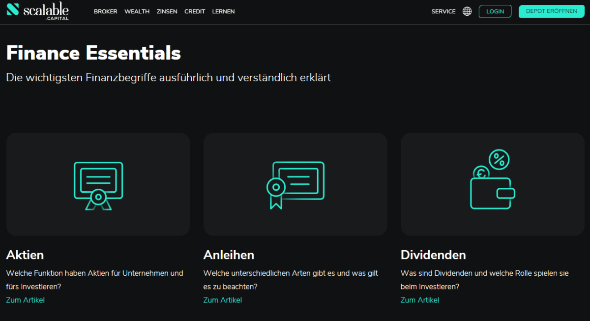 Scalable Capital, der beliebte Online Broker im Fokus: Erfahrungen, Kosten, Seriosität, Test (2025) Scalable Capital bietet auf seiner Webseite auch einen kleinen Weiterbildungsbereich an
