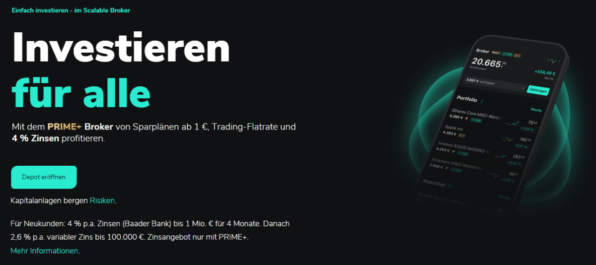 Scalable Capital, der beliebte Online Broker im Fokus: Erfahrungen, Kosten, Seriosität, Test (2025) Scalable Capital im Test das Design der Startseite