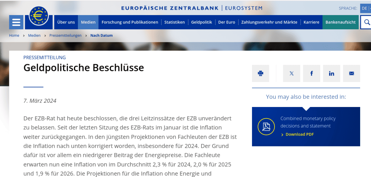 EUR/USD Prognose heute, morgen & nächste Woche und darüber hinaus Screenshot der Webseite von der Europäischen Zentralbak zeigt die geldpolitischen Beschlüsse