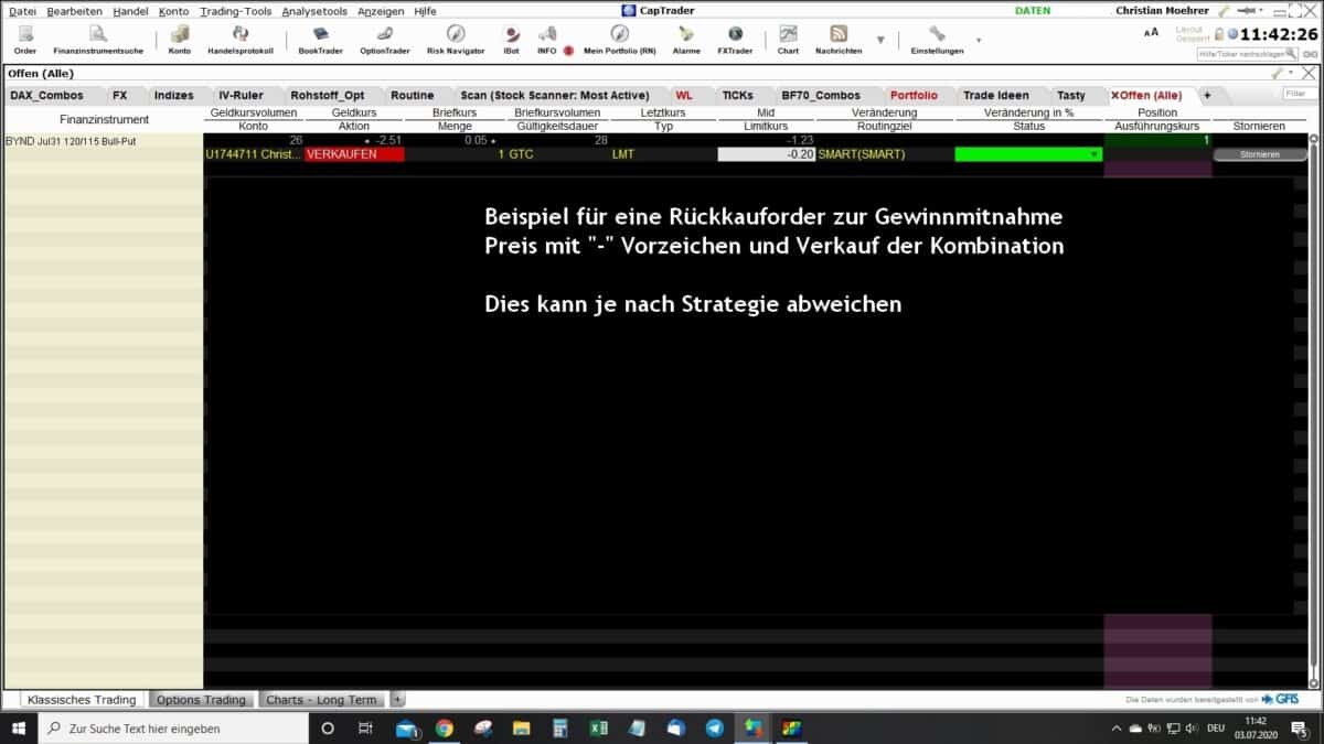 Mit der Trader Workstation (TWS) Optionen handeln? (2025) Screenshot der Anzeige offener Orders in der TWS unter dem Tab Offen - Alle