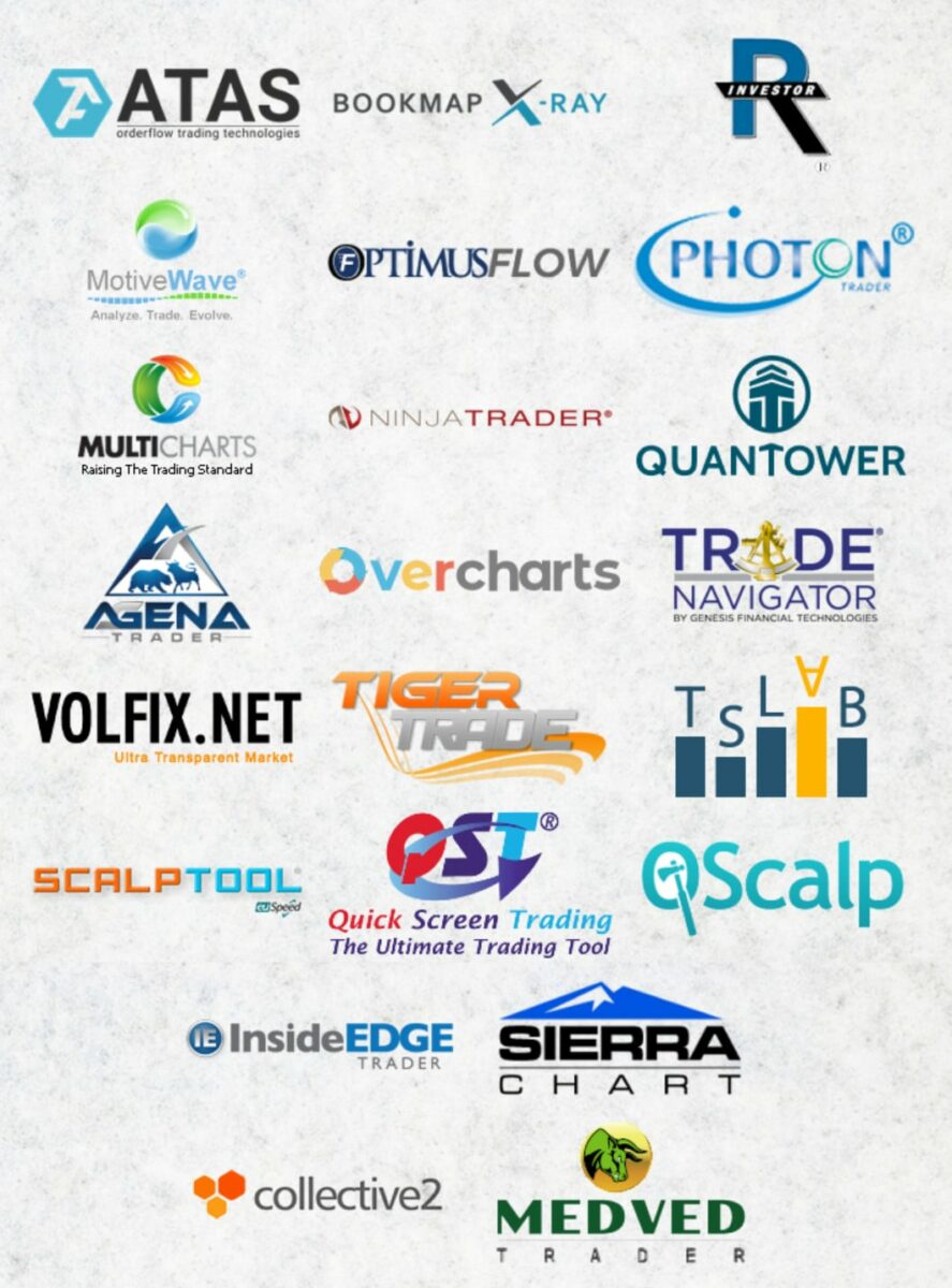 Liste von Trading-Softwareanbietern, die mit Rithmic kompatibel sind. Enthalten sind Logos von Plattformen wie ATAS, Bookmap, NinjaTrader, Sierra Chart, Quantower, MotiveWave, MultiCharts, VolFix, Trade Navigator und weiteren.