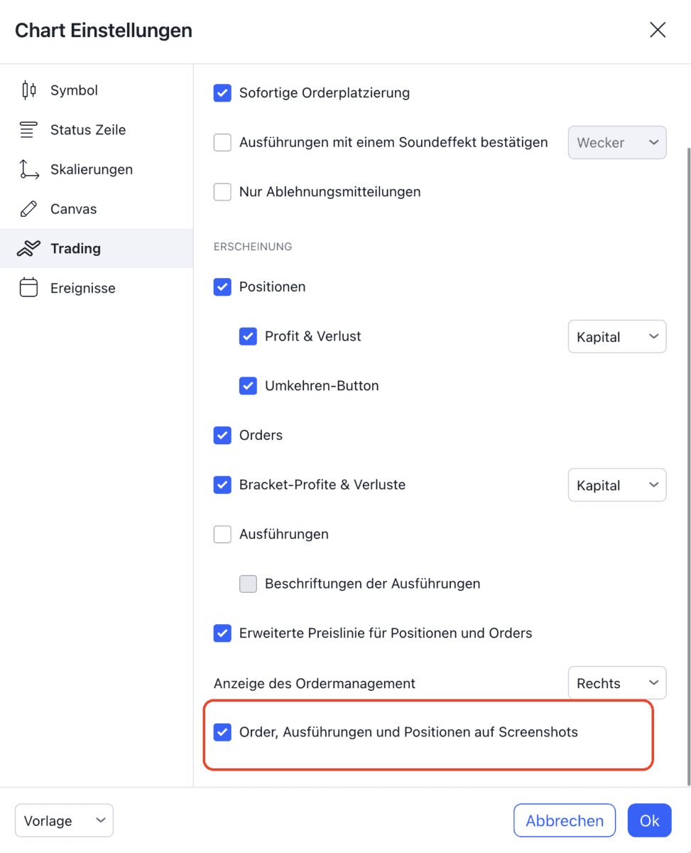 TradingView – Erfahre alles über die beliebte Handelsplattform: Broker, Charts, Kosten, Screener, Tools (2025) Das Bild zeigt die Trading-Einstellungen in TradingView.