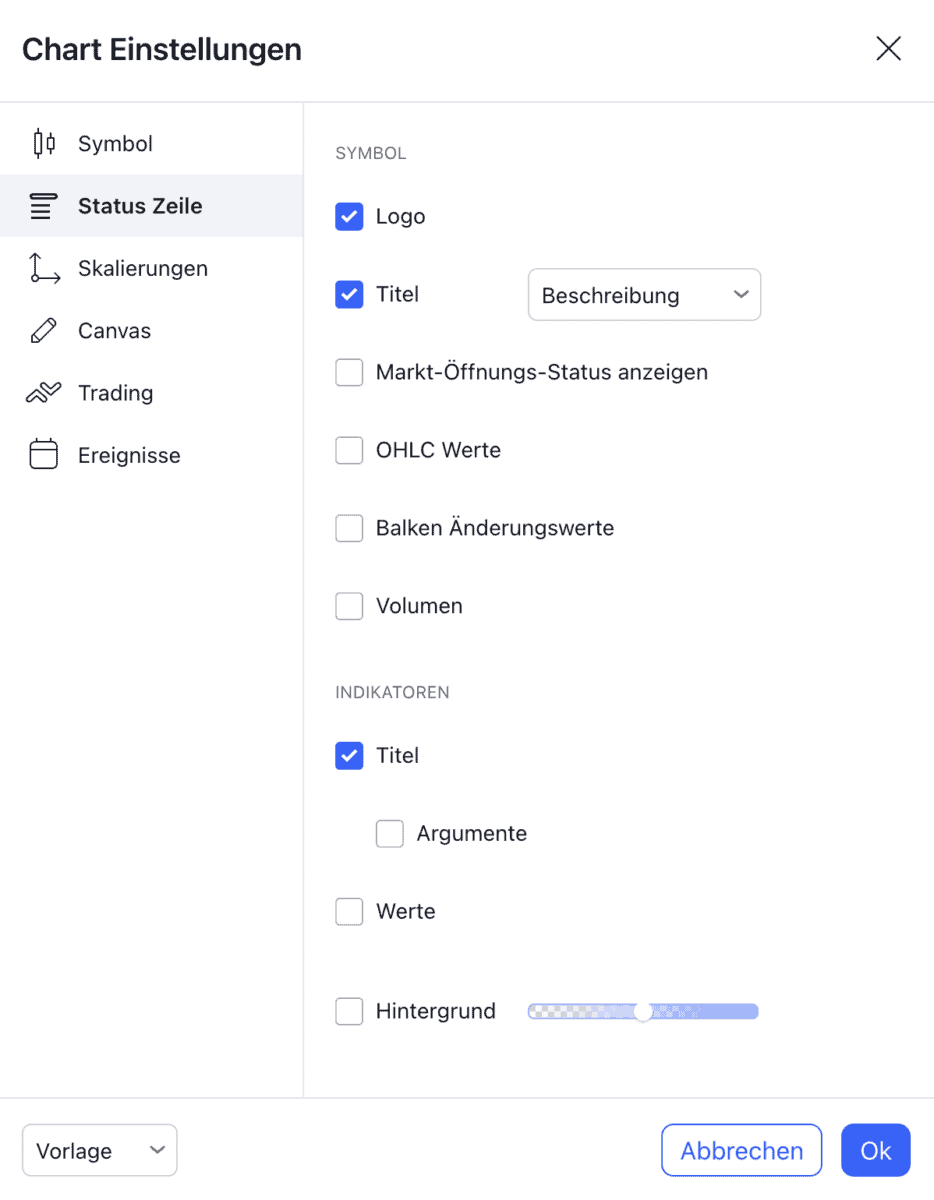 TradingView – Erfahre alles über die beliebte Handelsplattform: Broker, Charts, Kosten, Screener, Tools (2025) Das Bild zeigt die Charteinstellungen in TradingView.