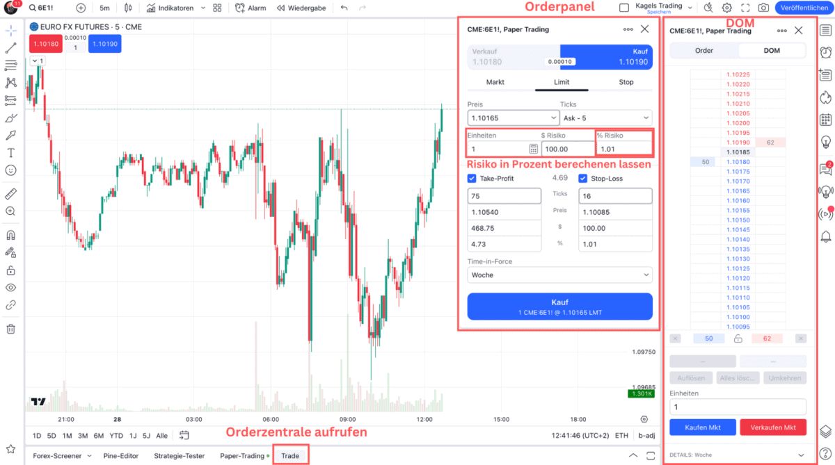 TradingView – Erfahre alles über die beliebte Handelsplattform: Broker, Charts, Kosten, Screener, Tools (2025) Das Bild zeigt das Orderpanel und den DOM von TradingView.