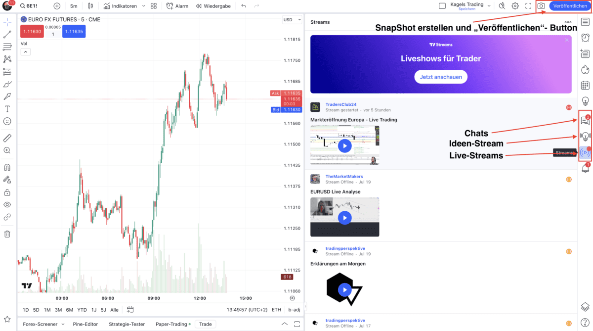 TradingView – Erfahre alles über die beliebte Handelsplattform: Broker, Charts, Kosten, Screener, Tools (2025) Das Bild zeigt verschiedene Social Trading Funktionen von TradingView.