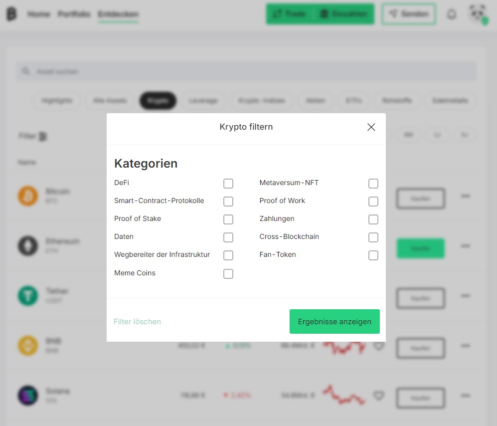 Bitpanda Krypto-Broker - Erfahrungen | Test (2025) Über die Filteroption kannst du bei Bitpanda gezielt nach Coins suchen, die bestimmte Narrative im Krypto-Space abdecken