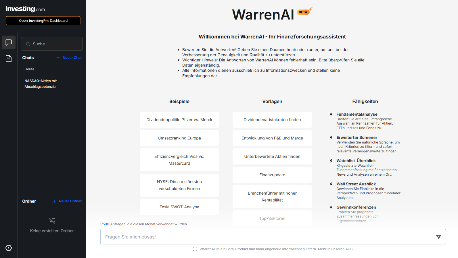 InvestingPro Review - was kann der beliebte Aktienscreener? InvestingPro - Funktionsumfang des Chatbot WarrenAI