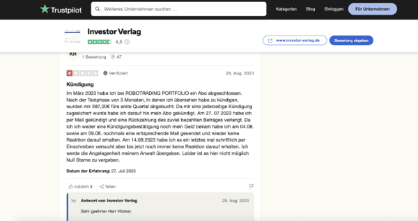 Erfahrungsbericht über verschiedene Börsenbriefe des Investor-Verlags Vid verlag abofalle? meinung von trustpilot
