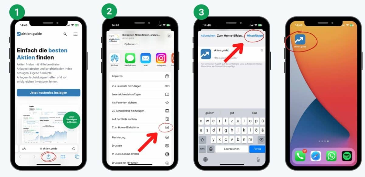 aktien.guide im Test (2025) – Erfahrungen mit dem Aktien Screener Schritt-für-Schritt-Anleitung zur Einrichtung einer Widget-Verknüpfung für aktien.guide auf dem Smartphone. Das Bild zeigt vier iPhones mit folgenden Schritten: (1) Die Webseite aktien.guide wird geöffnet. (2) Das Teilen-Symbol wird angetippt, um das Menü zu öffnen. (3) Die Option 'Zum Home-Bildschirm' wird ausgewählt, dann wird auf 'Hinzufügen' getippt. (4) Die Verknüpfung erscheint als Icon auf dem Home-Bildschirm.