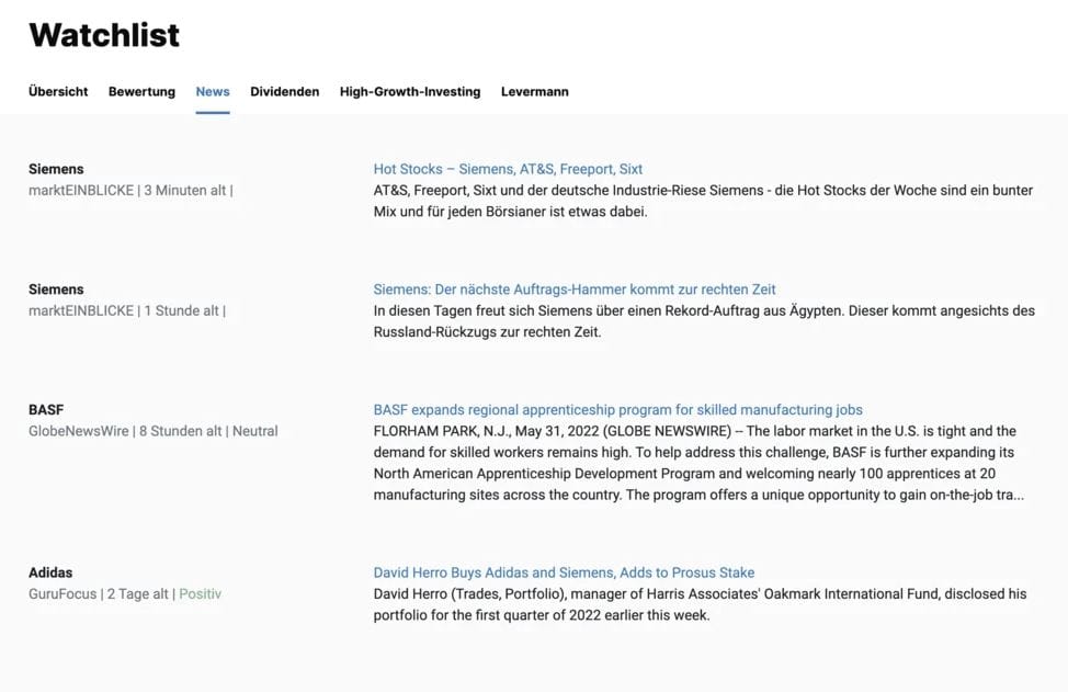 aktien.guide im Test (2025) – Erfahrungen mit dem Aktien Screener Screenshot der Watchlist-Funktion auf aktien.guide mit aktuellen Nachrichten zu beobachteten Aktien. In der Liste erscheinen News zu Siemens, BASF und Adidas, jeweils mit Quelle und Zeitstempel. Die Nachrichten enthalten Schlagzeilen wie 'Hot Stocks – Siemens, AT&S, Freeport, Sixt' und 'Siemens: Der nächste Auftrags-Hammer kommt zur rechten Zeit'