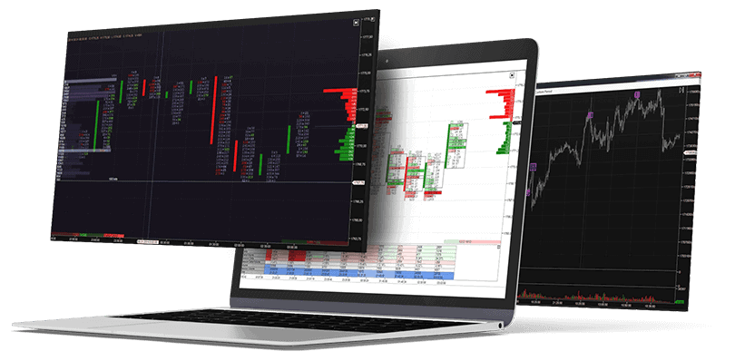 The Trading Pit – Forex und Futures Proptrading: Von Zero to Hero mit Fremdkapital? Laptop mit geöffneten Handelsplattformen der ATAS-Software, die für den Handel mit Aktien und Futures genutzt wird. Drei verschiedene Bildschirme zeigen Order Flow, Marktprofil-Analysen und Candlestick-Charts mit Preisbewegungen. Die Plattform bietet detaillierte Marktdaten für professionelle Trader.