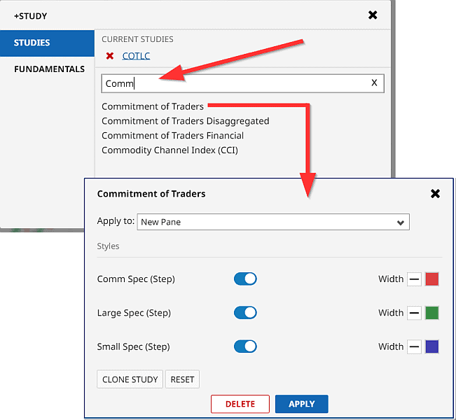 CoT Daten und CoT Report als Trader verstehen und im Trading erfolgreich nutzen (2025) Screenshot der Einstellungsmöglichkeiten für die Commitments of Traders (COT) Daten auf barchart.com. Ein roter Pfeil zeigt auf das Suchfeld, in das 'Comm' eingegeben wurde, um verschiedene COT-Studienoptionen anzuzeigen, darunter 'Commitment of Traders' und 'Commitment of Traders Disaggregated'. Ein weiteres Fenster darunter zeigt die Konfigurationsmöglichkeiten, darunter die Auswahl 'Apply to: New Pane' sowie aktivierte Schalter für 'Comm Spec (Step)', 'Large Spec (Step)' und 'Small Spec (Step)', die jeweils farblich anpassbar sind.