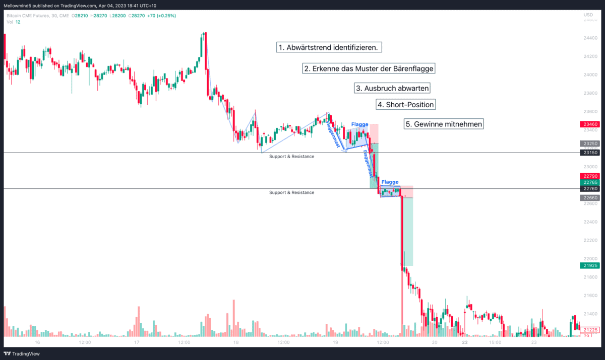 Die Bärenflagge (Bear Flag) erfolgreich handeln (2025) Das Bild zeigt ein Trading-Beispiel für das Handeln einer Bärenflagge im Bitcoin Markt.
