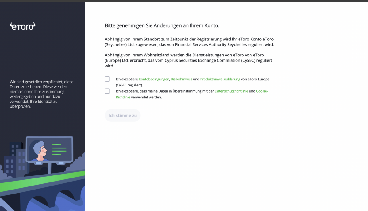 Trading Demokonto kostenlos und ohne Anmeldung (2025) eToro-Formular zur Zustimmung der Kontobedingungen. Der Nutzer muss zwei Checkboxen aktivieren, um die Kontobedingungen, den Risikohinweis und die Datenschutzrichtlinie zu akzeptieren. Der Button 'Ich stimme zu' ist ausgegraut. Links befindet sich eine Illustration mit einer Brücke und einem Bildschirm, der eine Person zeigt