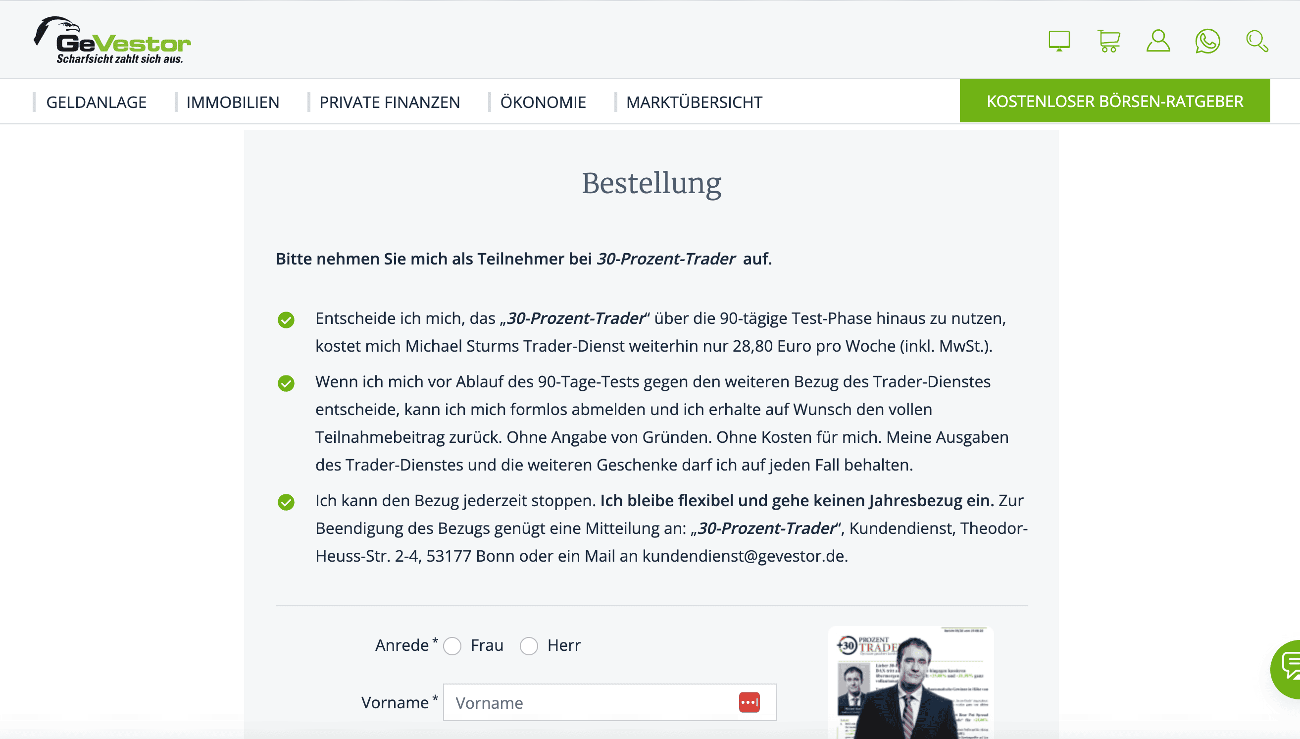 GeVestor Verlag Erfahrungen (2025)– Lohnen sich die Produkte? der Screenshot zeigt den Besellprozess von dem 30-Prozent-Trader