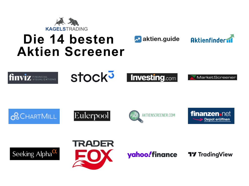Die 14 besten Aktienscreener im Test (u.a. TradingView, stock3, Finviz, AktienGuide) in Bild mit dem Titel „Die 14 besten Aktienscreener im Test“ von Kagels Trading. In der Grafik sind 14 verschiedene Logos von Aktienscreenern dargestellt
