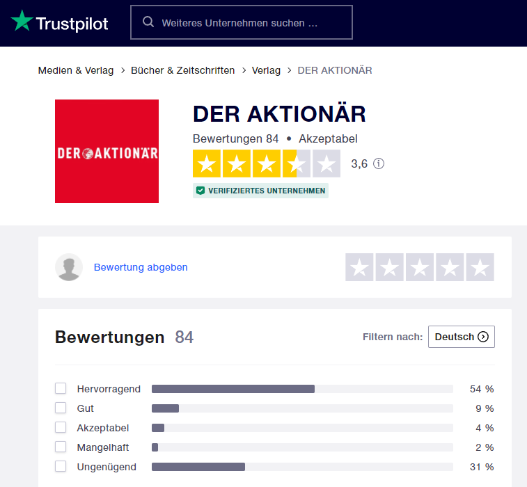 Die Börsenmedien AG vorgestellt (2025) Die Bewertung von "DER AKTIONÄR" - einem Angebot der Börsenmedien AG auf Trustpilot.com