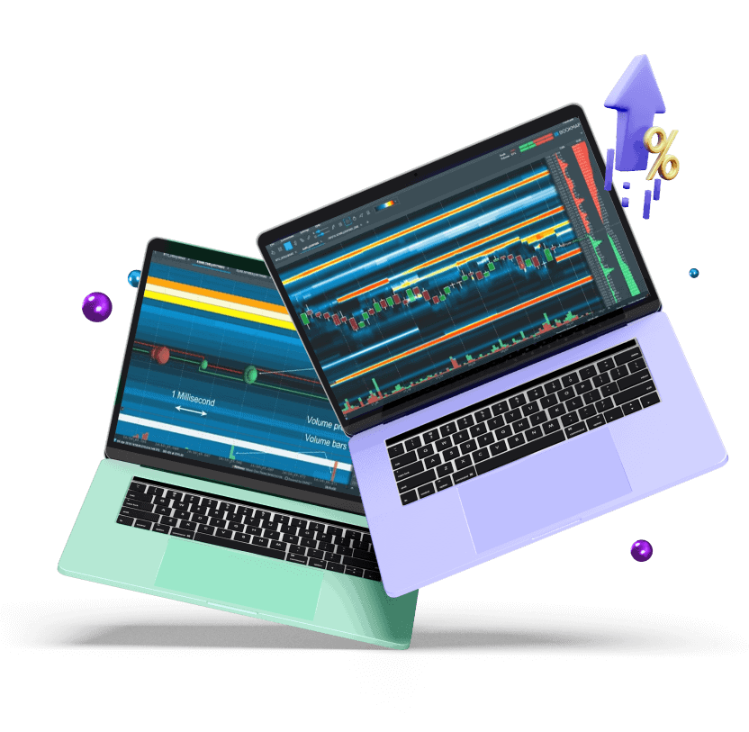 The Trading Pit – Forex und Futures Proptrading: Von Zero to Hero mit Fremdkapital? Zwei schwebende Laptops mit geöffneten Bookmap-Trading-Charts, die Markttiefe, Liquidität und Orderbuch-Daten visualisieren. Die Darstellung enthält bunte Linien, Heatmaps und Volumenbalken. Um die Laptops schweben Finanzsymbole wie ein aufsteigender Pfeil und ein Prozentzeichen.