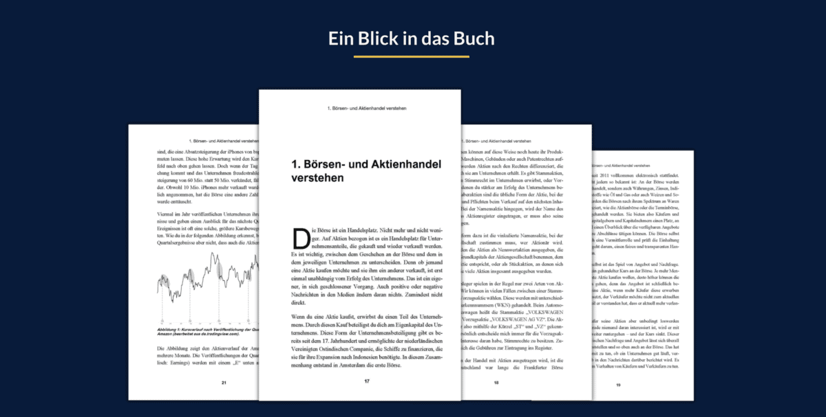 Sebastian Legrand im Fokus: Vertrauenswürdiger Mentor für Aktienanfänger? (2025) Screenshot mit Buchauszügen von Sebastian Legrand. Titel: 'Ein Blick in das Buch'. Sichtbare Seiten enthalten den Abschnitt '1. Börsen- und Aktienhandel verstehen' mit erklärenden Texten und einer Grafik zur Aktienkursentwicklung.