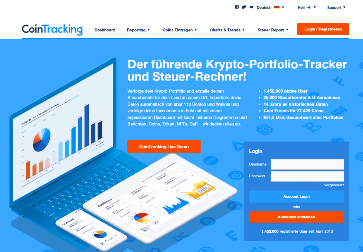 "Screenshot der CoinTracking-Website mit blauem Hintergrund. Die Plattform bewirbt sich als führender Krypto-Portfolio-Tracker und Steuer-Rechner. Links ist ein Laptop mit einer geöffneten CoinTracking-Dashboard-Ansicht zu sehen, daneben ein Tablet und ein Smartphone mit Diagrammen zur Portfolio-Übersicht. Rechts befindet sich ein Login-Bereich mit Feldern für Benutzername und Passwort sowie einer Schaltfläche für die Registrierung. Statistiken über Nutzerzahlen, historische Daten und unterstützte Coins sind aufgelistet.