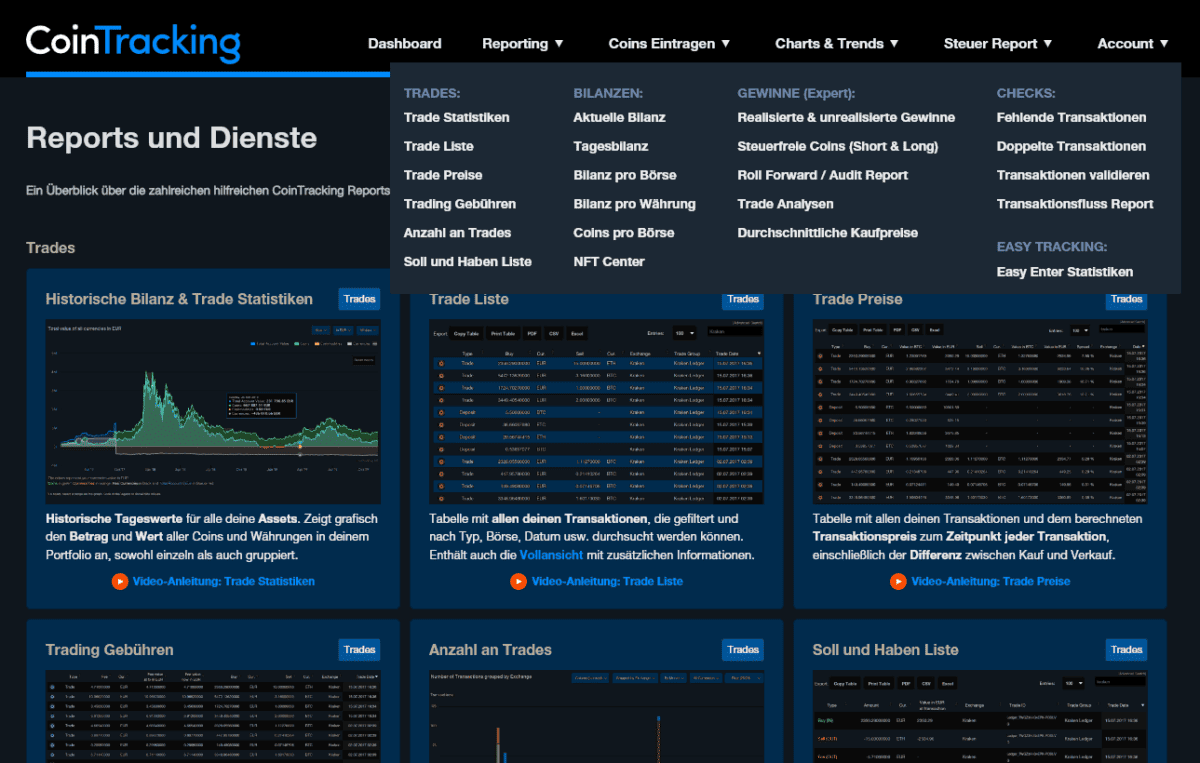 Übersicht der Reports und Dienste auf CoinTracking im Dark Mode. Das Bild zeigt verschiedene Analyse- und Berichtsfunktionen wie historische Bilanz & Trade-Statistiken, Trade-Listen, Trade-Preise, Trading-Gebühren und die Anzahl an Trades. Zudem sind verschiedene Menüoptionen für Bilanz, Gewinne, Checks und einfaches Tracking sichtbar.
