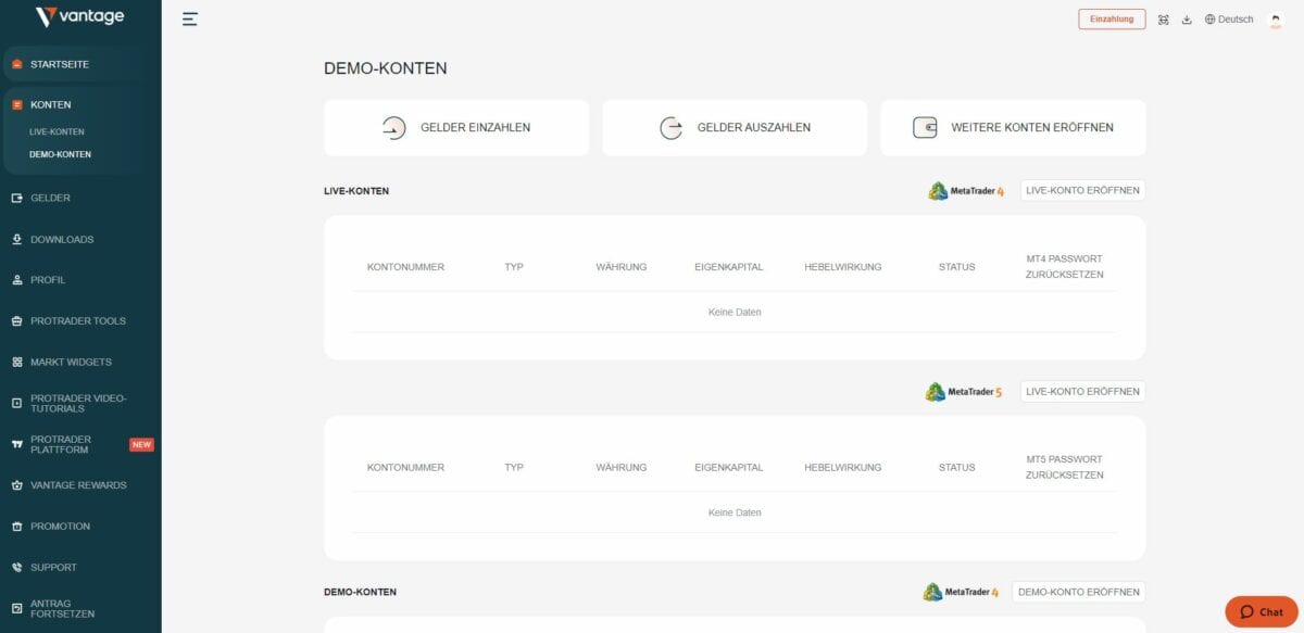 Vantage Markets Erfahrungen – Kosten, Seriosität. Wie gut ist der CFD-Broker? (2025) Screenshot des Client-Portals von Vantage mit einer Kontenübersicht. Links befindet sich eine Navigationsleiste mit Optionen wie 'Startseite', 'Konten', 'Gelder', 'Downloads' und 'Profil'. In der Hauptansicht werden Live-Konten und Demo-Konten angezeigt, mit Optionen für 'Gelder einzahlen', 'Gelder auszahlen' und 'Weitere Konten eröffnen'. Es sind keine Kontodaten hinterlegt