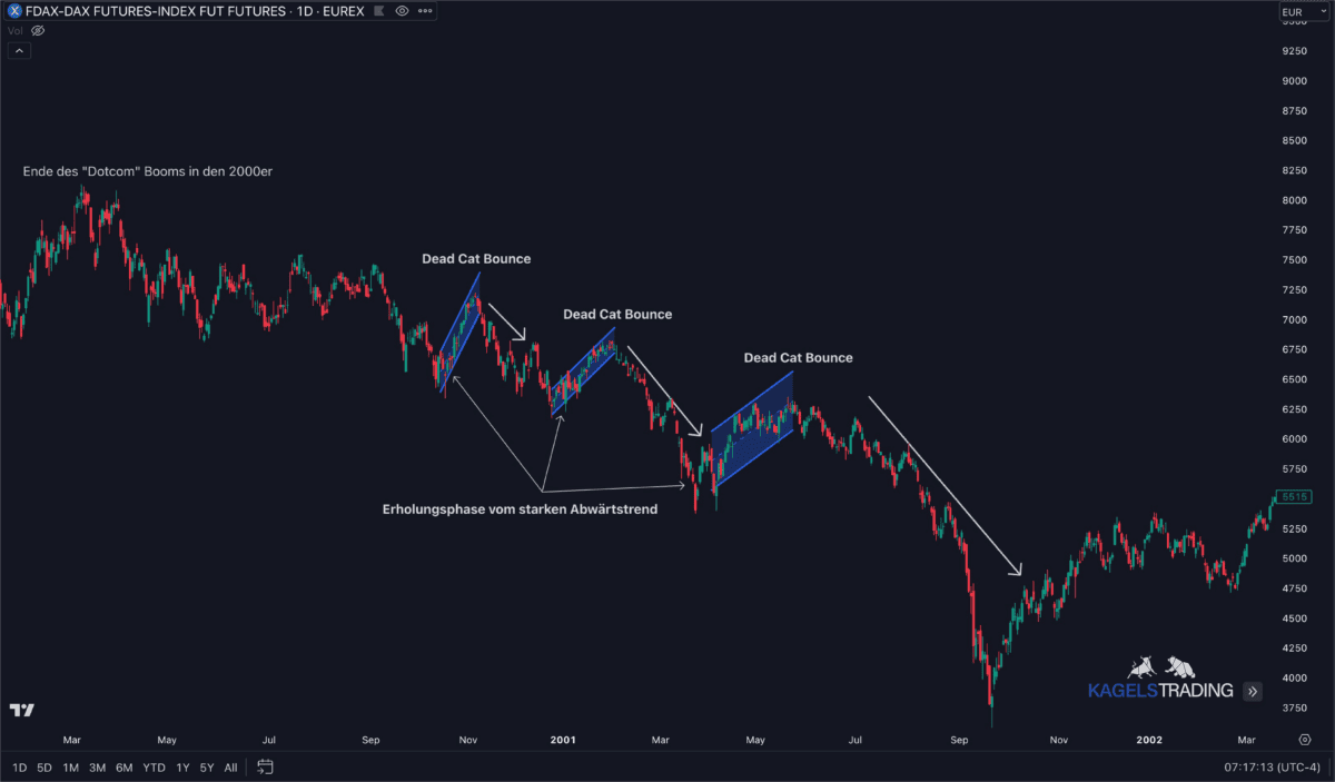 Dead Cat Bounce: Was steckt dahinter? Erklärung & Bedeutung Das Bild zeigt die Tageschart des DAX zwischen 2000 und 2002 und dem Kursverfall. Während dieserJahre konnte man mehrere Dead Cat Bounce's ausmachen.