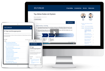 DeltaValue Erfahrungen (2025) - Selbstständige Kapitalanlage an der Börse lernen und zusätzliches Einkommen generieren Ein Computer, ein Tablet und ein Smartphone zeigen die Benutzeroberfläche der DeltaValue e-Learning Plattform mit einem Kurs zum Thema Aktien. Die Plattform enthält mehr als 80 Lernvideos